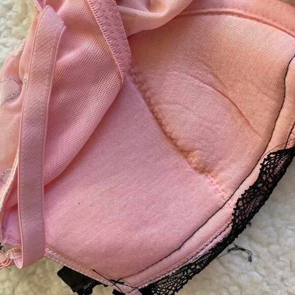 Pink Heart Mesh Babydoll Lingerie Dress Lace Trim Pleated Hem S - Picture 10 of 11